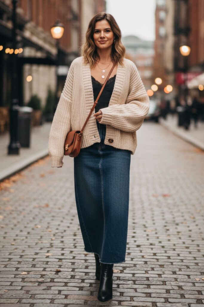 Denim Maxi Skirt with a Cardigan
