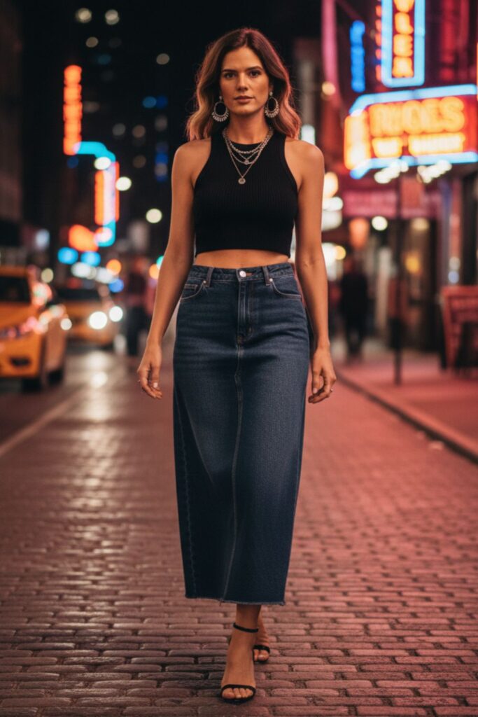 Denim Maxi Skirt with a Crop Top