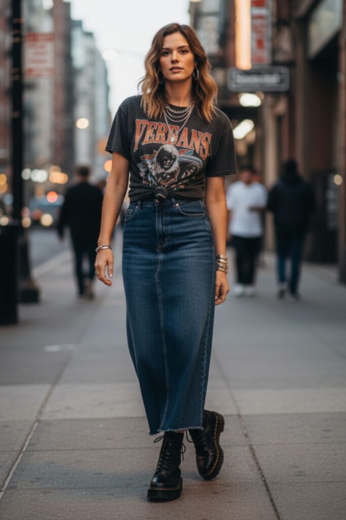 Denim Maxi Skirt with a Graphic Tee