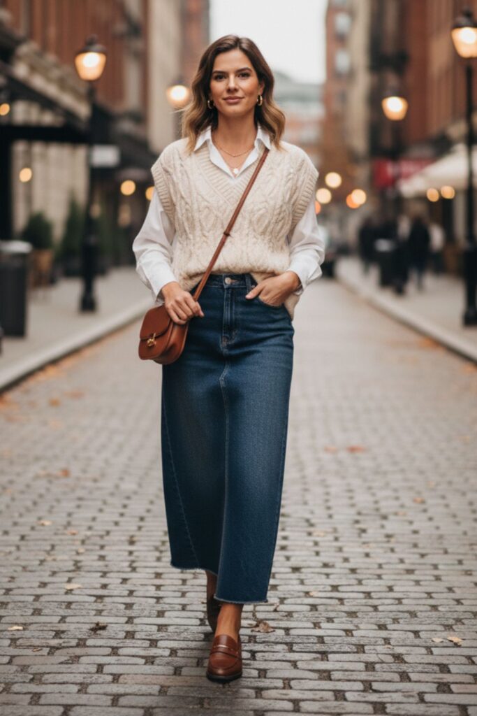 Denim Maxi Skirt with a Knitted Vest