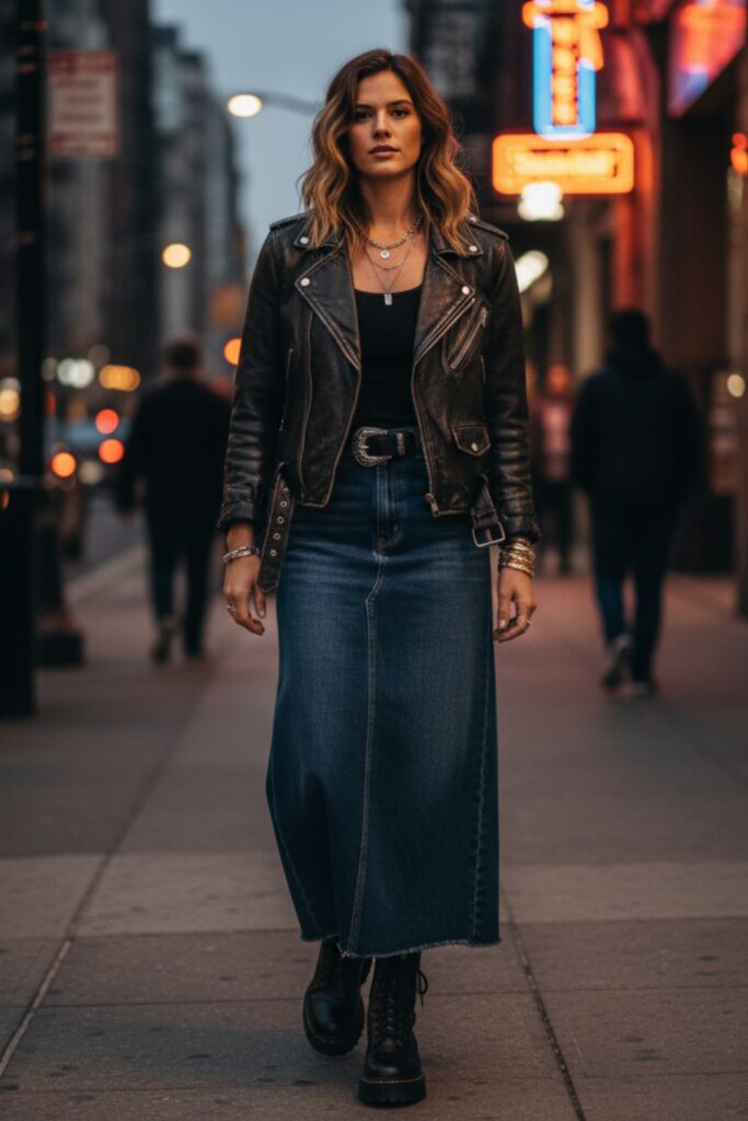 Denim Maxi Skirt with a Leather Jacket