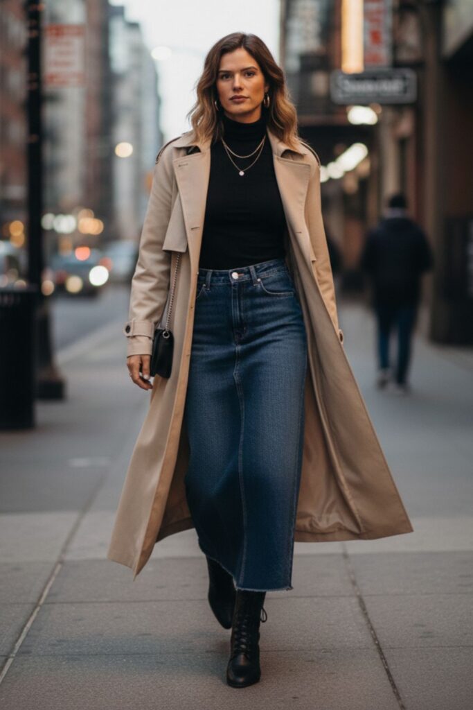 Denim Maxi Skirt with a Turtleneck