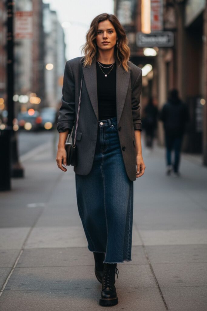 Denim Maxi Skirt with an Oversized Blazer