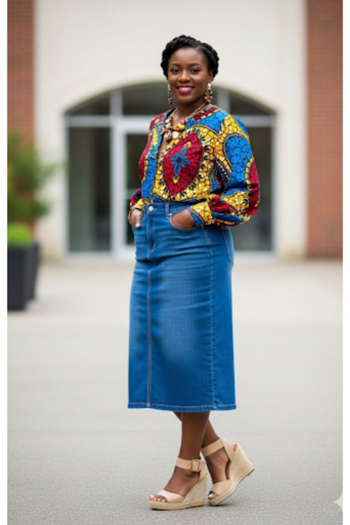 Denim Midi Skirt with a Bold Print Top