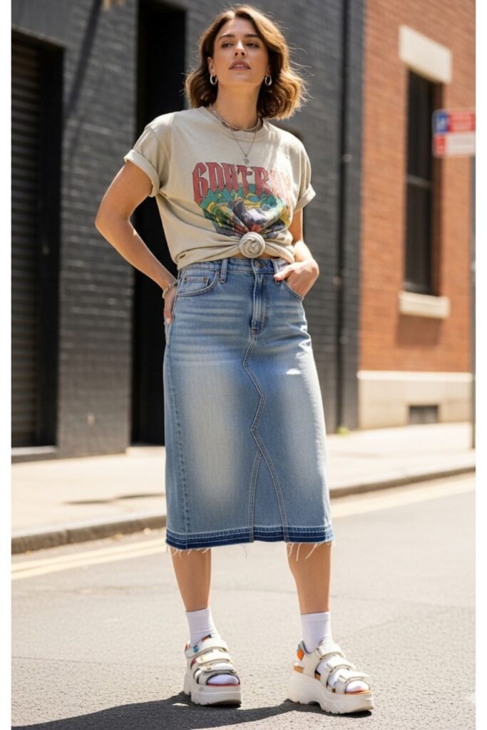 Denim Midi Skirt with a Graphic Tee