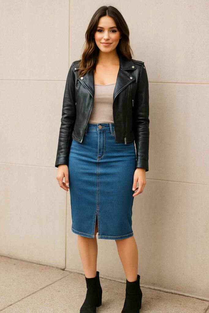 Denim Pencil Skirt with a Leather Jacket