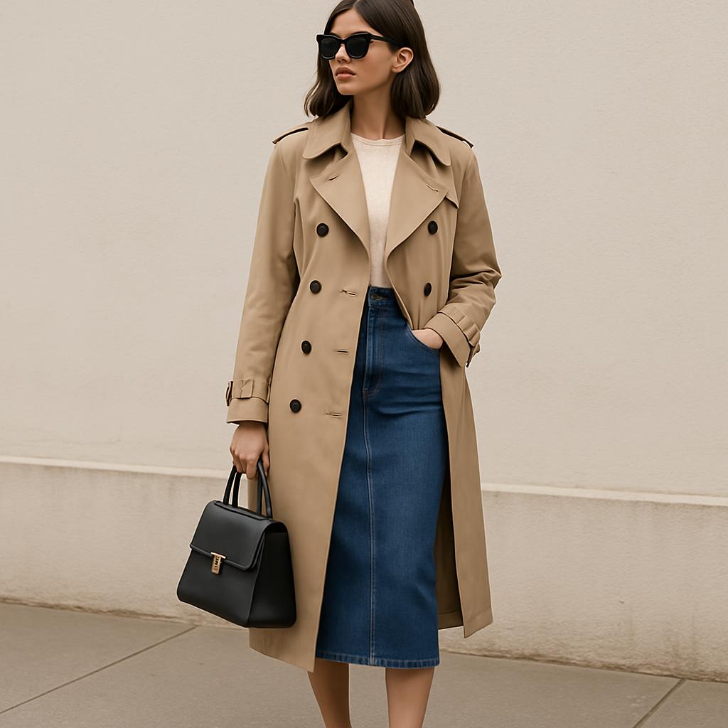 Denim Pencil Skirt with a Trench Coat