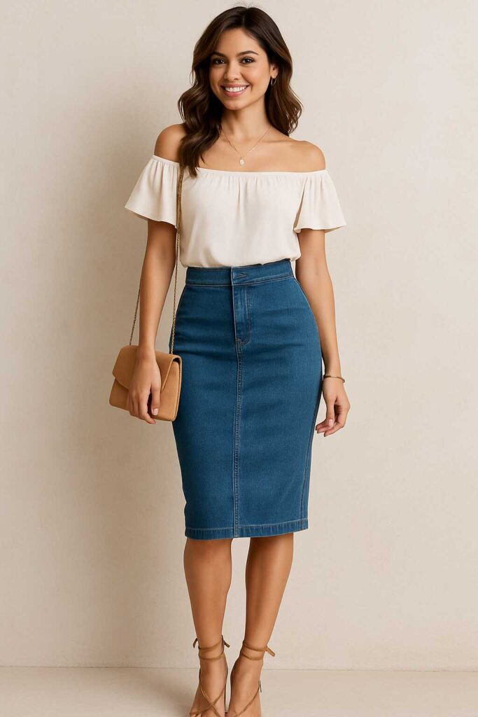 Denim Pencil Skirt with an Off-Shoulder Top