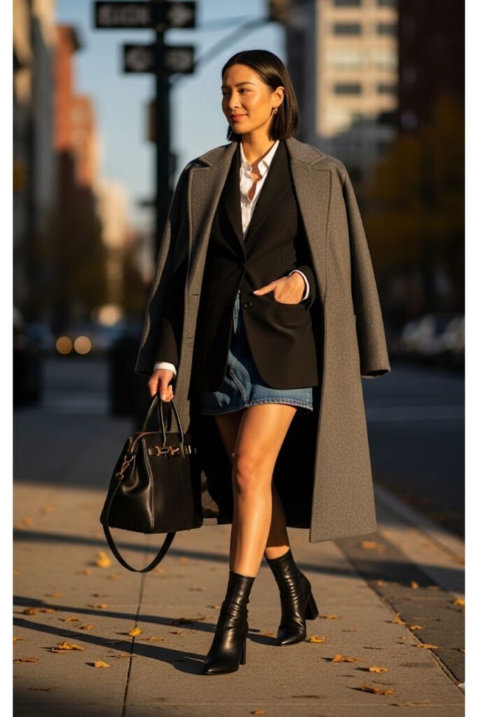 Denim Skirt with Blazer and Heeled Boots