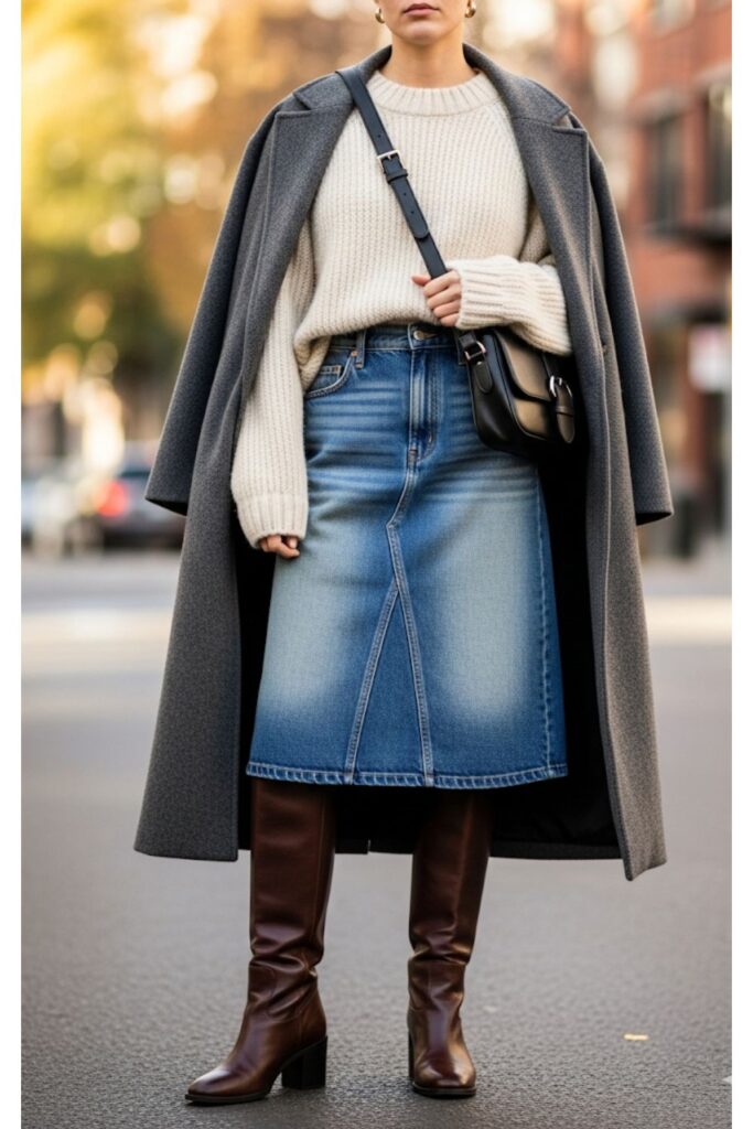 Denim Skirt with Chunky Knit Sweater and Knee-High Boots