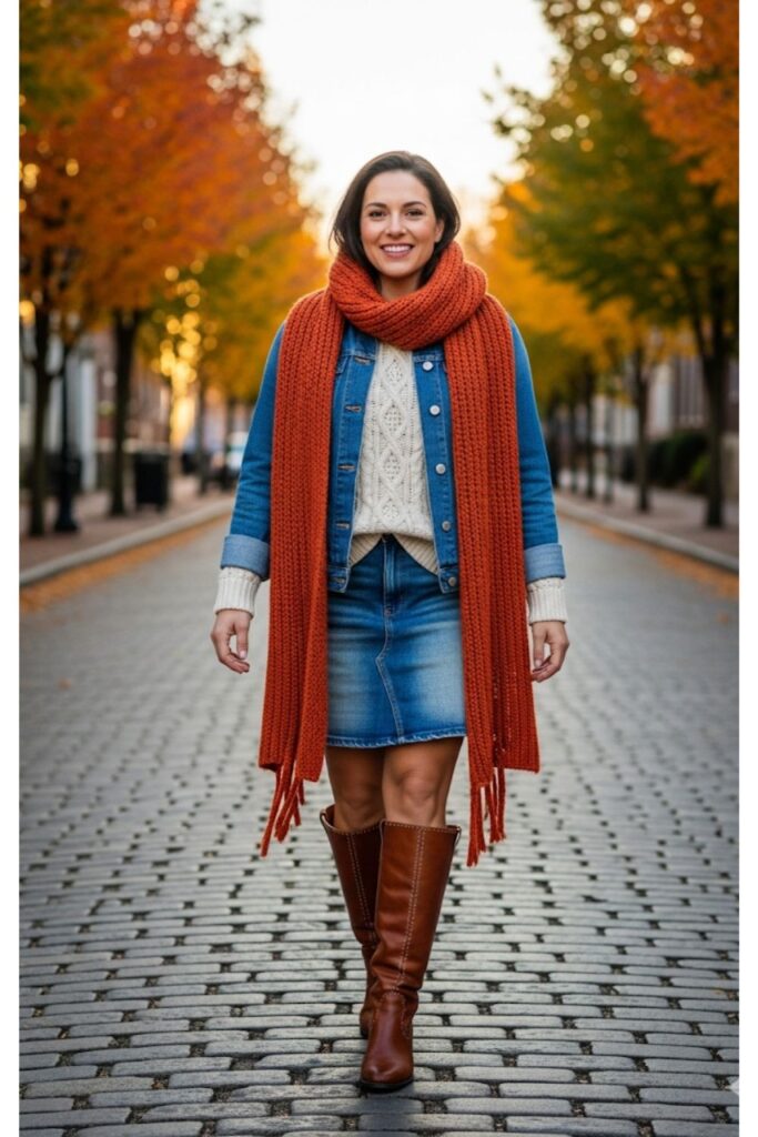 Denim Skirt with Denim Jacket and Layered Knit