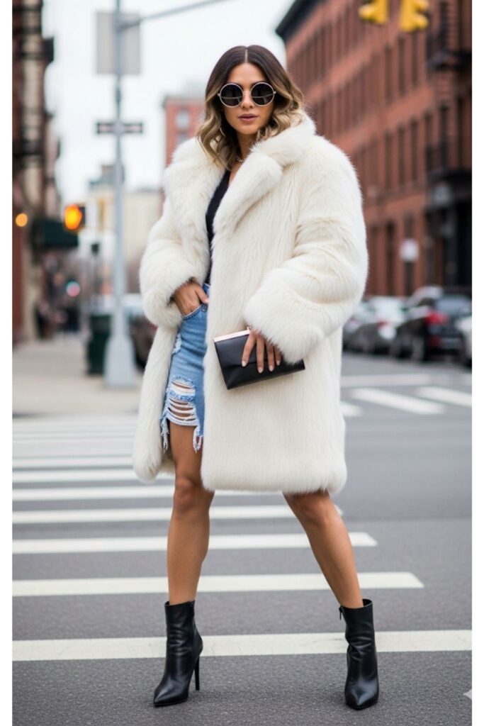 Denim Skirt with Faux Fur Coat
