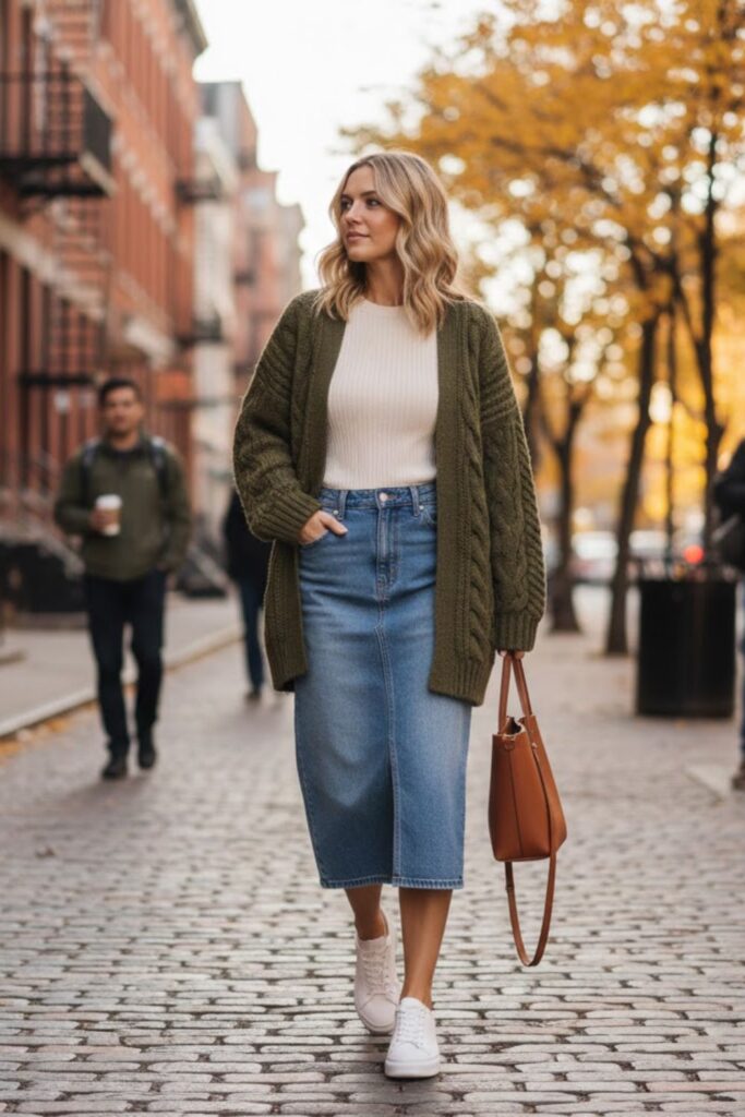 Denim Skirt with Knit Cardigan