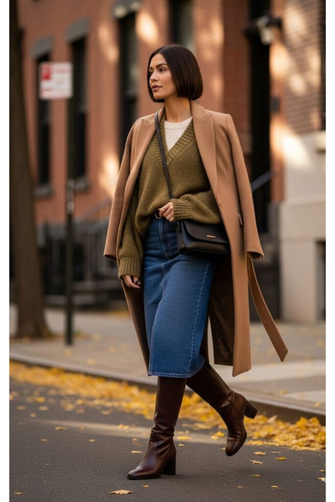 Denim Skirt with Layered Sweaters and Coat