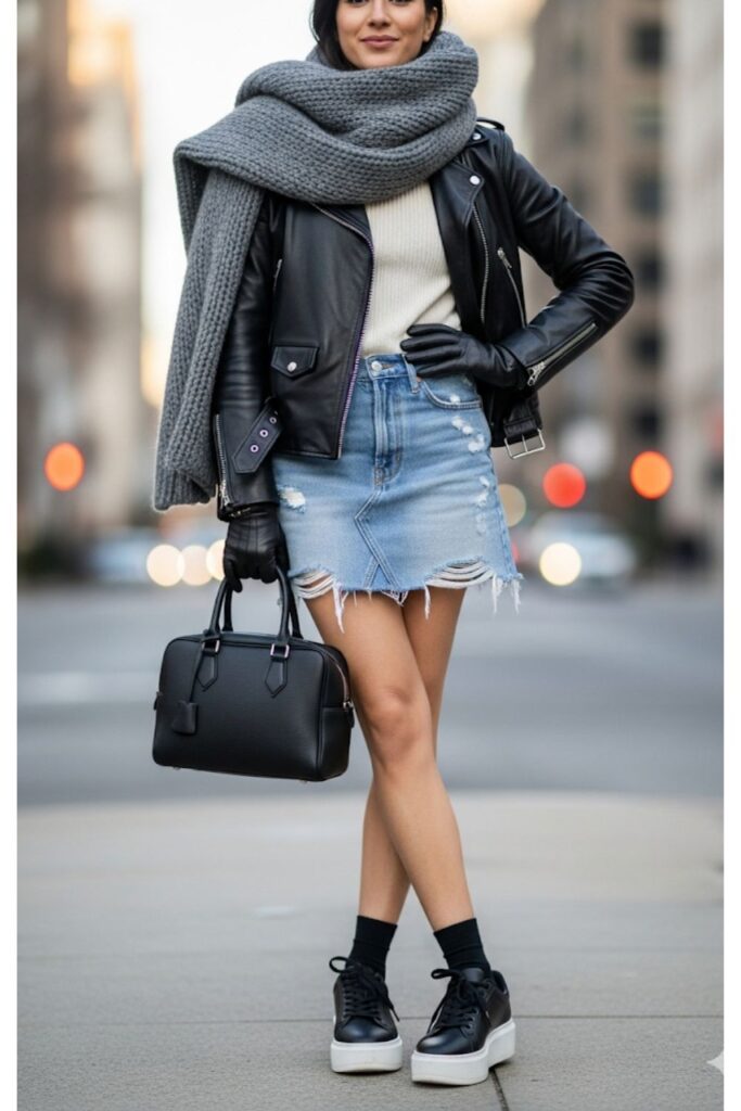 Denim Skirt with Leather Jacket and Wool Scarf