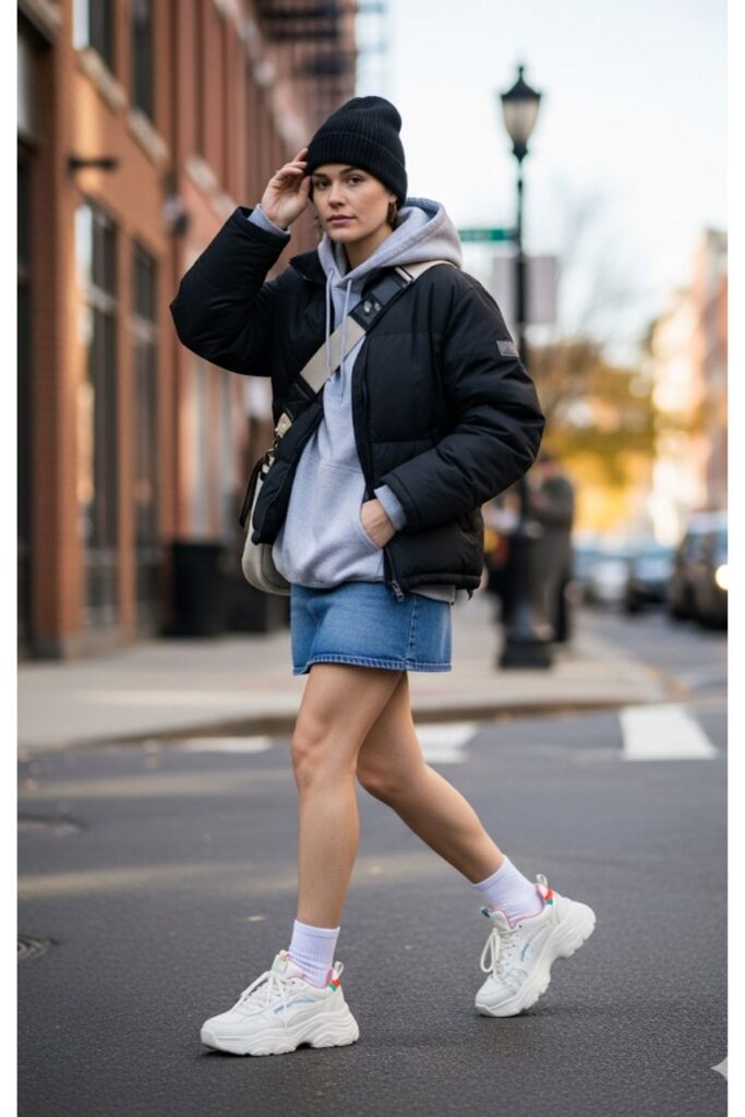 Denim Skirt with Oversized Hoodie and Puffer Jacket