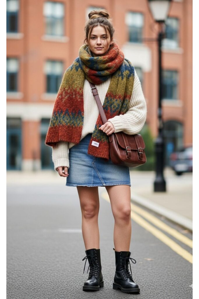 Denim Skirt with Oversized Scarf and Combat Boots