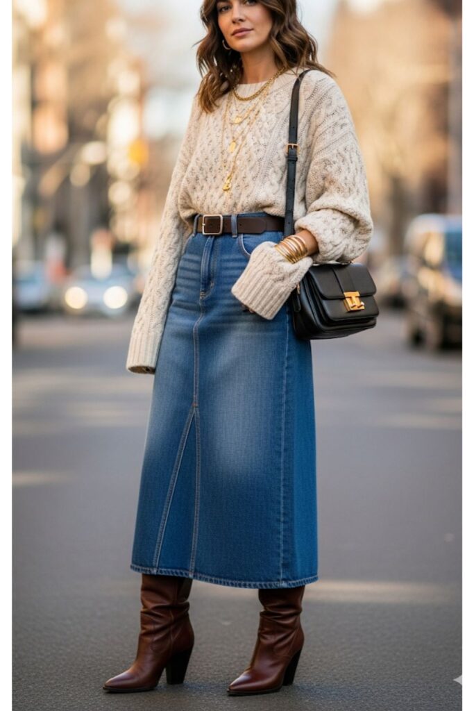 Denim Skirt with Oversized Sweater and Belt