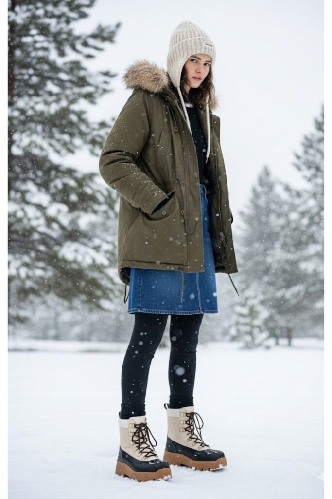 Denim Skirt with Parka and Thermal Leggings