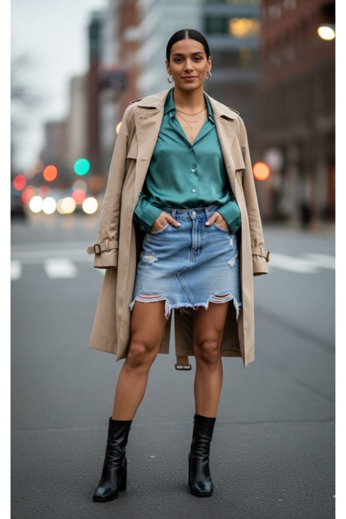 Denim Skirt with Silk Blouse and Trench Coat