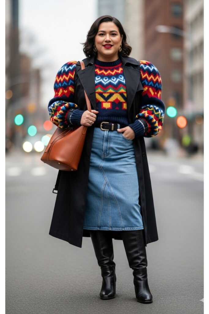 Denim Skirt with Statement Knit and Tall Boots