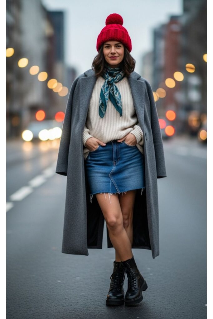 Denim Skirt with Sweatshirt and Wool Coat