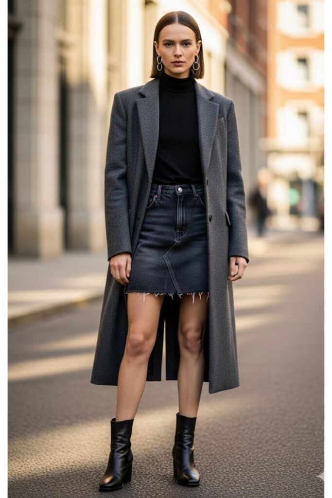 Denim Skirt with Turtleneck and Long Coat