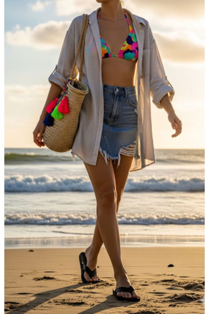 Denim Skirt with a Bikini Top and Oversized Shirt