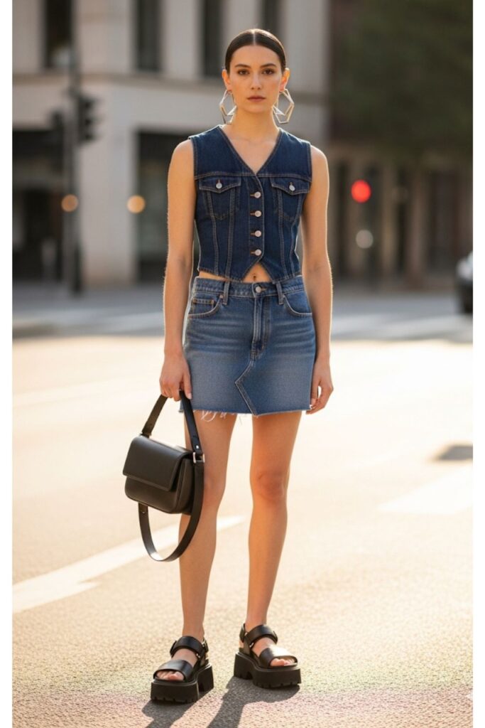 Denim Skirt with a Button-Down Vest