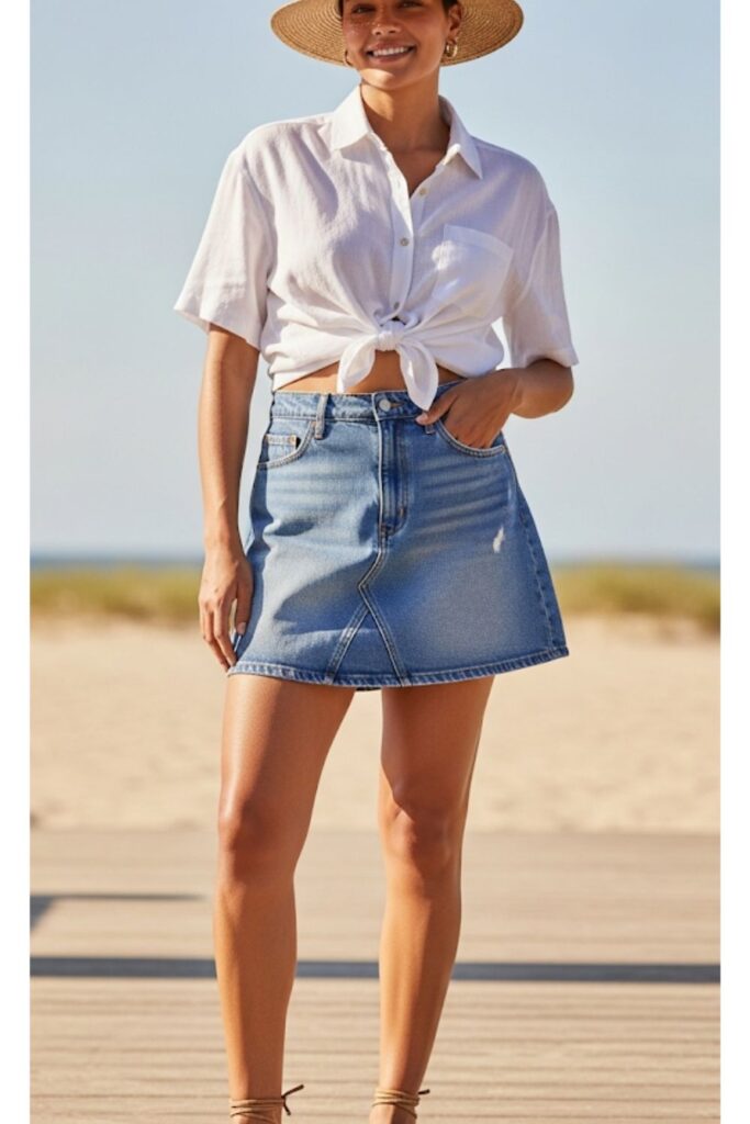 Denim Skirt with a Button-Up Shirt Tied at the Waist