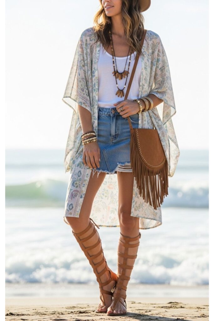 Denim Skirt with a Flowy Kimono