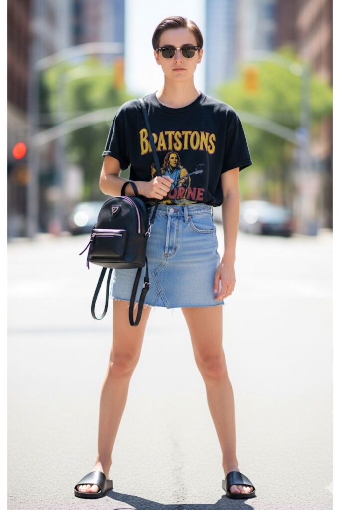 Denim Skirt with a Graphic Tee and Slides