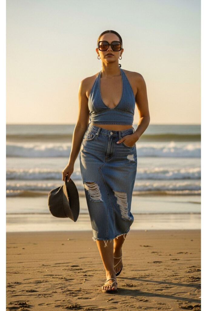 Denim Skirt with a Halter Top