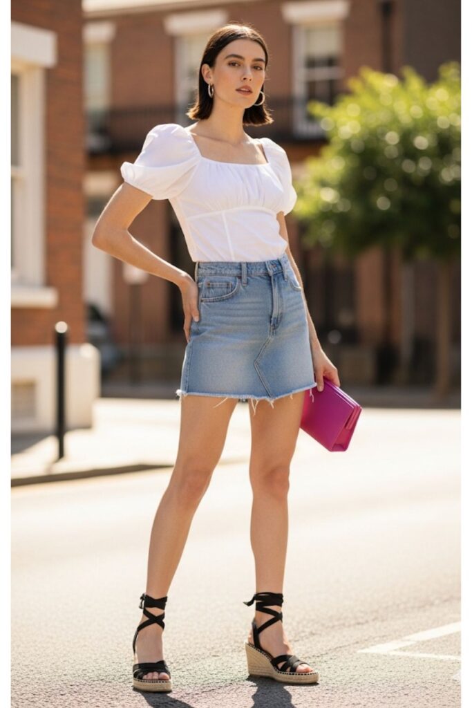 Denim Skirt with a Puff-Sleeve Top