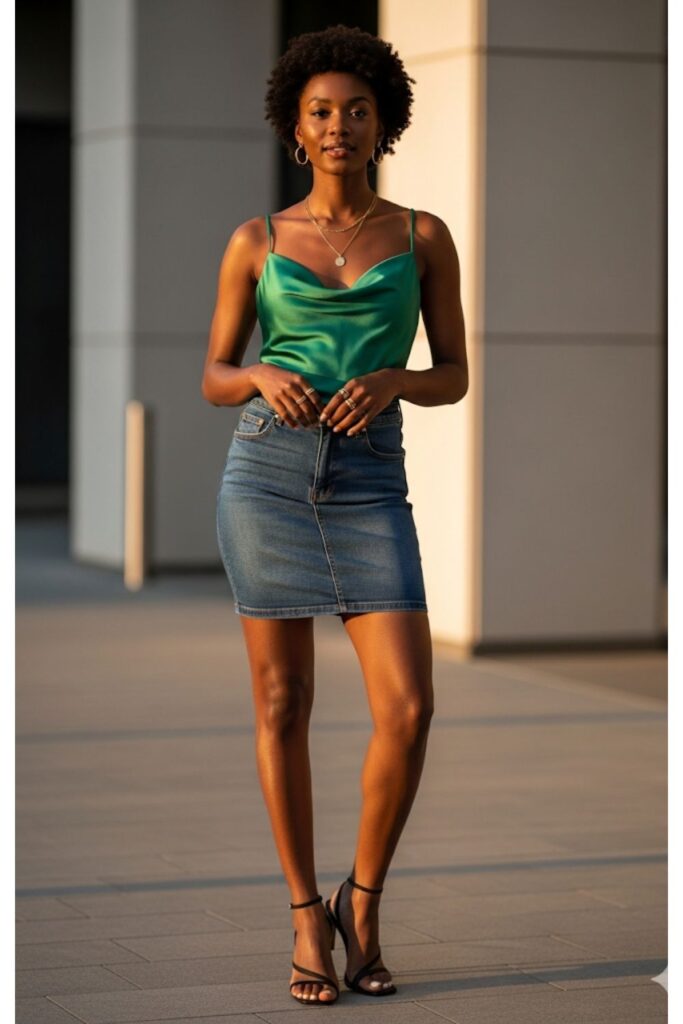 Denim Skirt with a Satin Camisole