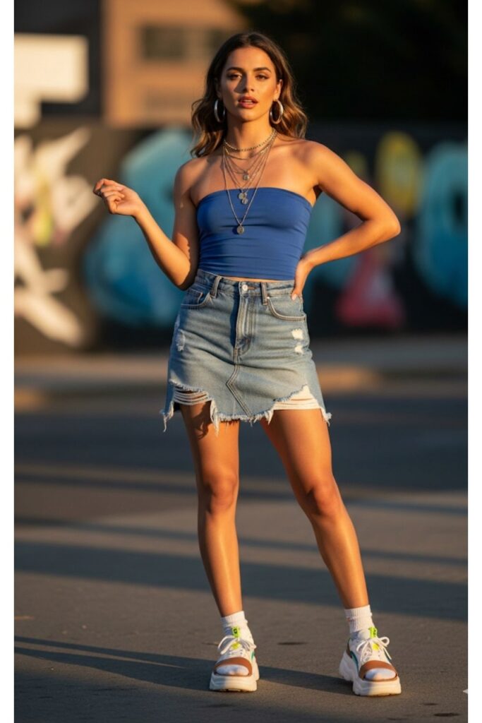 Denim Skirt with a Tube Top and Sneakers