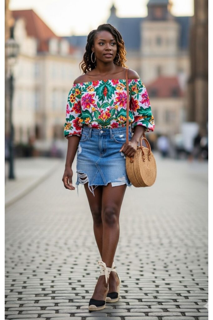 Denim Skirt with an Off-the-Shoulder Top