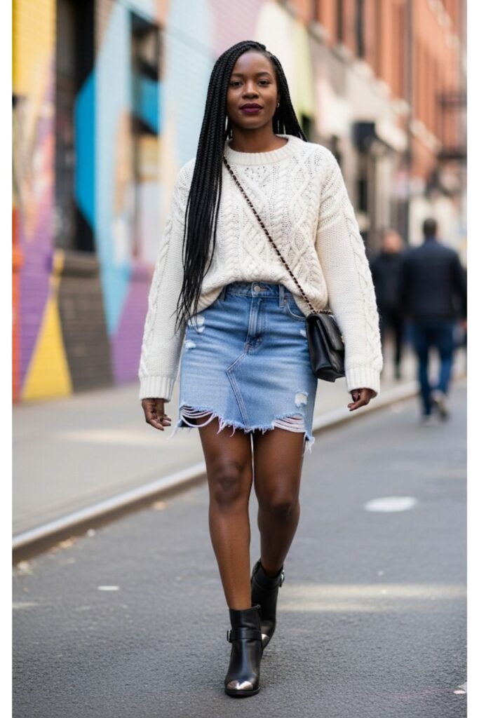 Denim Skirt with an Oversized Sweater