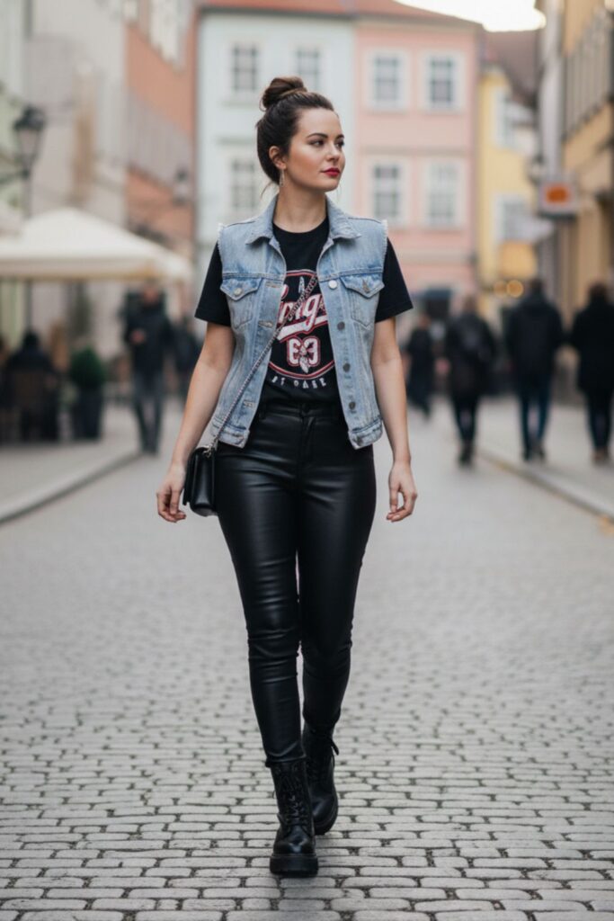 Denim Vest with Graphic Tee and Leather Pants