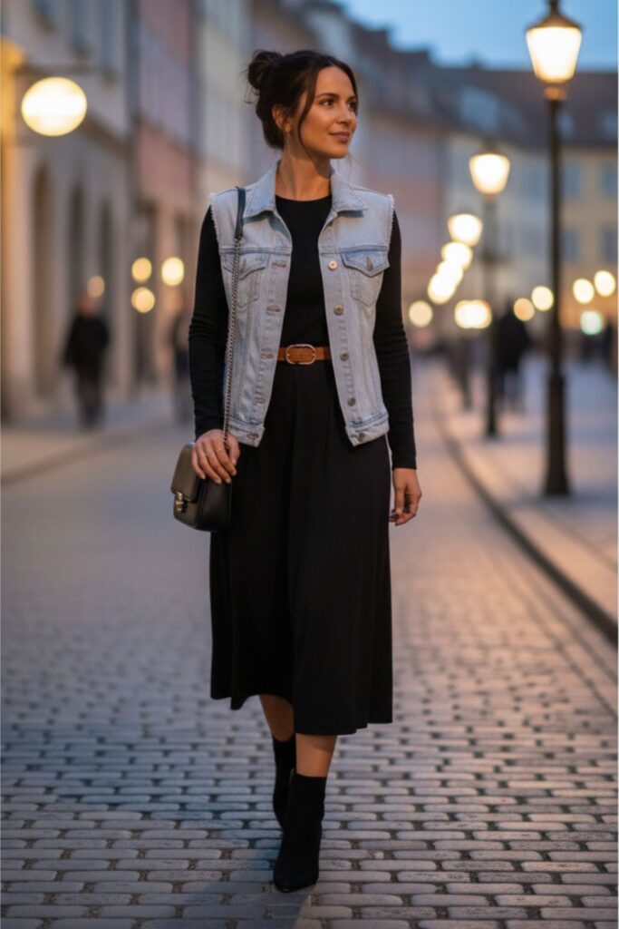 Denim Vest with Midi Dress and Belt