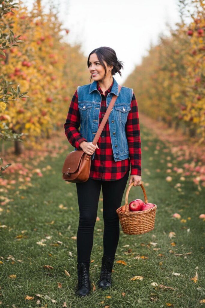 Denim Vest with Plaid Shirt and Leggings