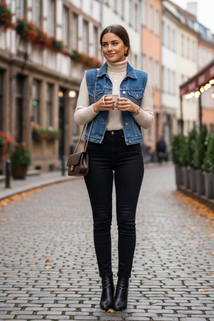 Denim Vest with Turtleneck and Black Jeans