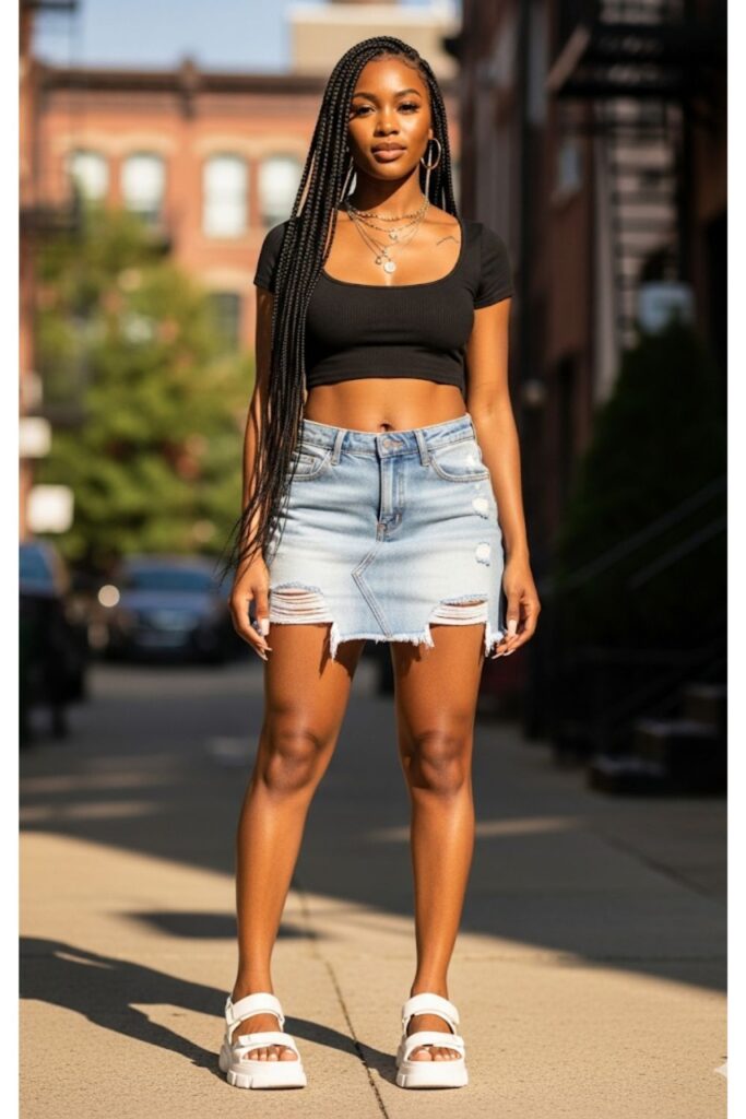 Distressed Denim Skirt with a Crop Top