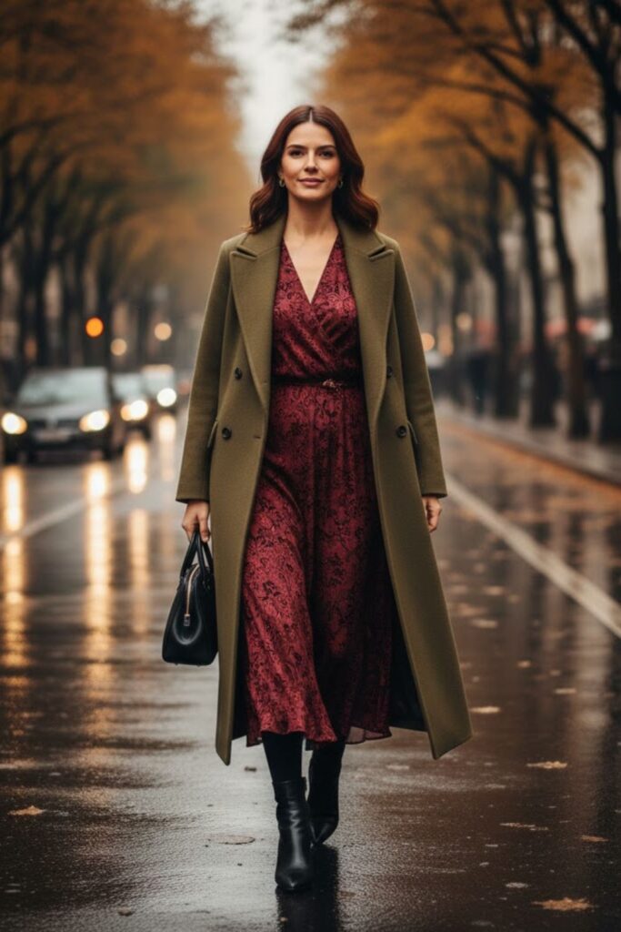 Double-Breasted Coat with Midi Dress