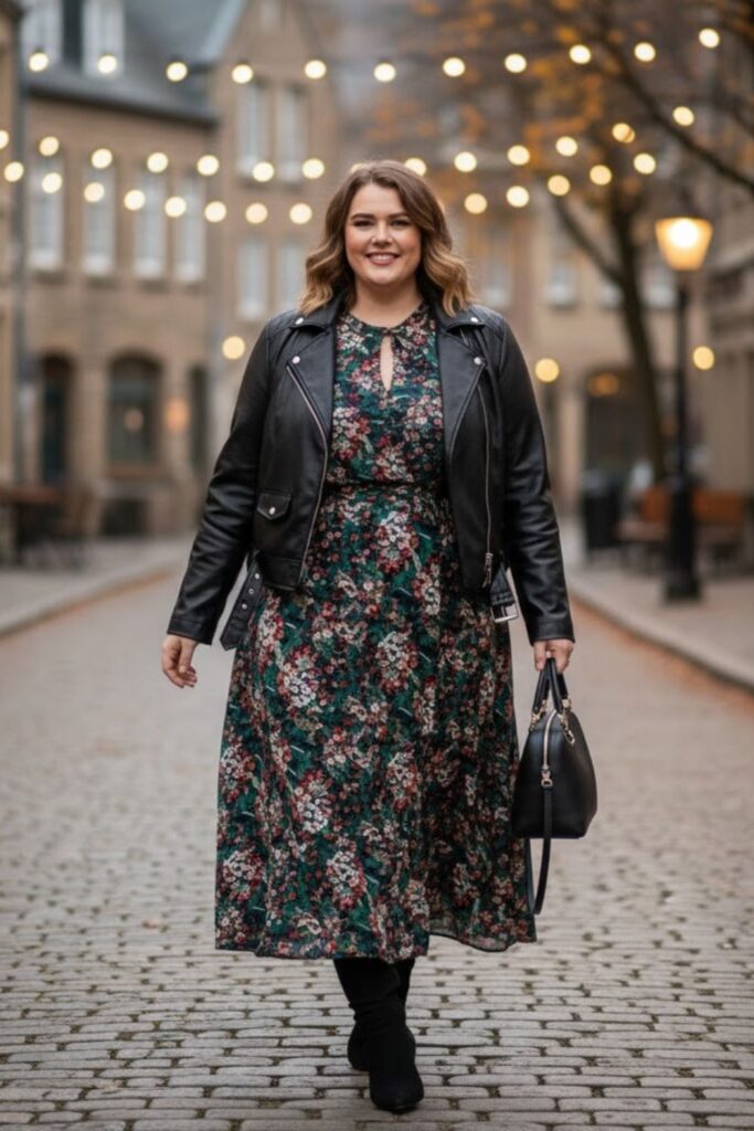 Faux Leather Jacket with Midi Dress