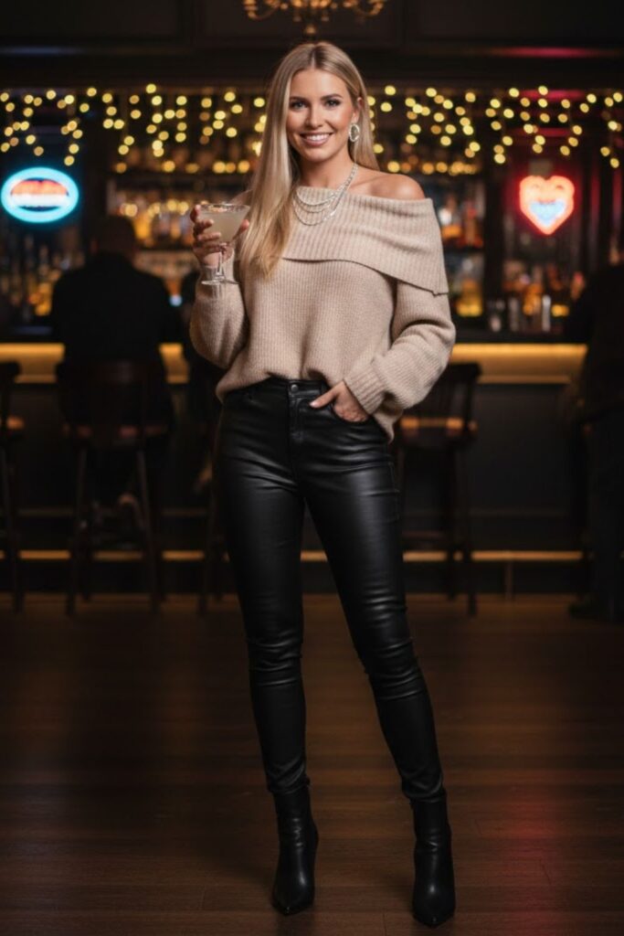 Faux Leather Pants with Off-Shoulder Sweater