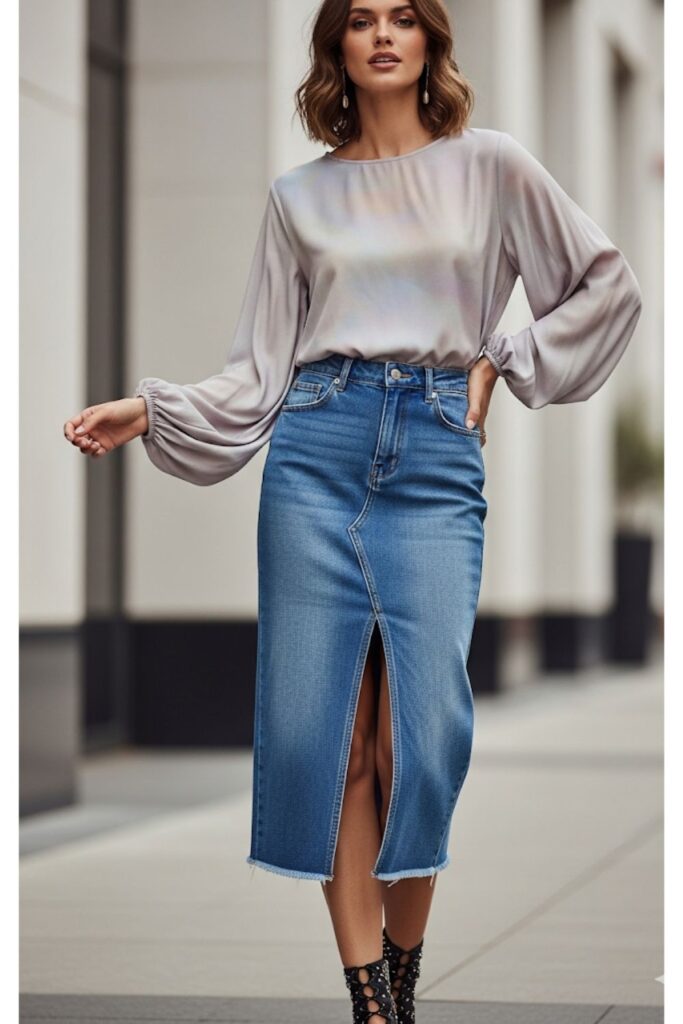 Feminine Blouse with Slit Denim Midi Skirt