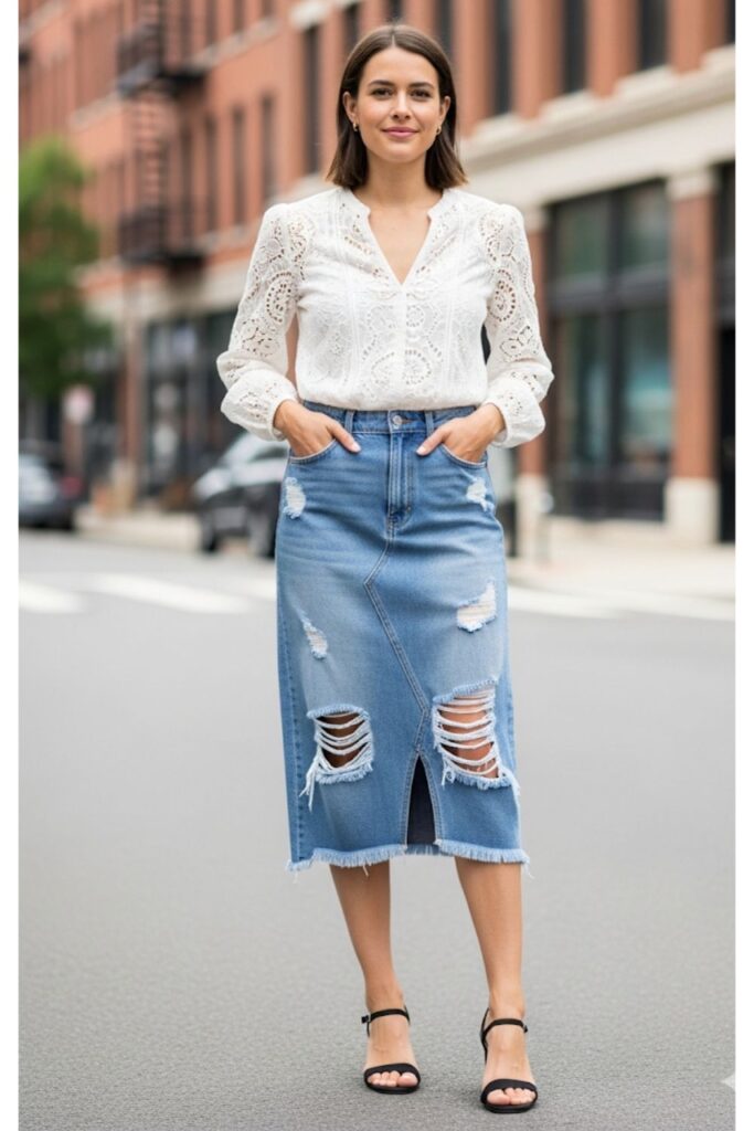 Feminine Lace Top with Distressed Denim Midi