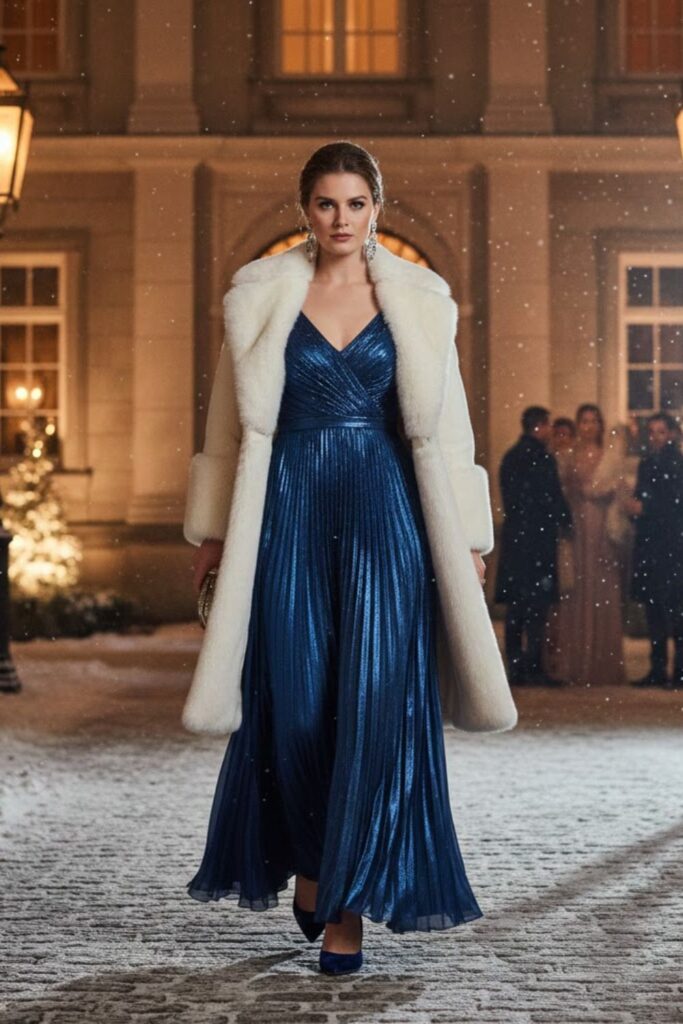 Floor-Length Gown with Fur-Trimmed Coat