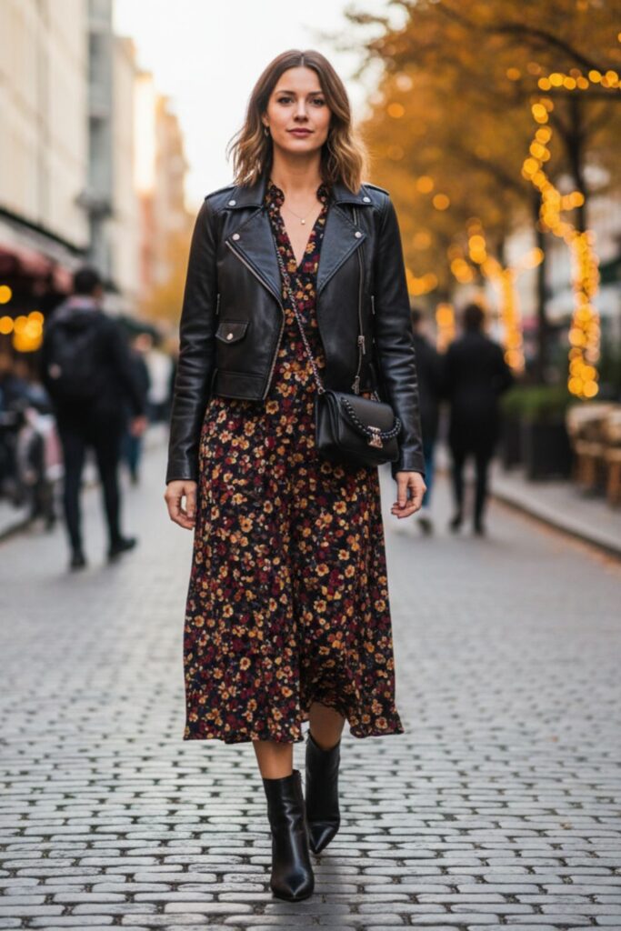 Floral Midi Dress with Leather Jacket